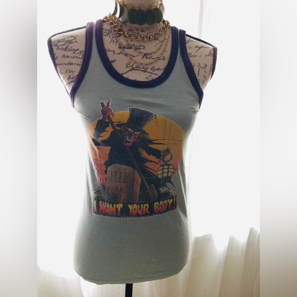 Vintage Graphic Ringer Tank Top in Light Gray with Purple Trim